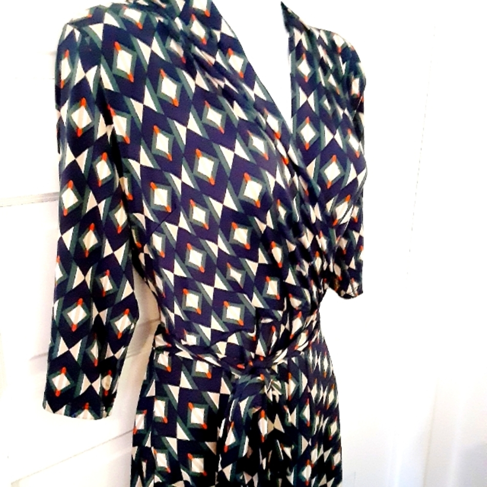 Audrey Whitmore Faux Wrap Dress Navy Green Diamonds Large